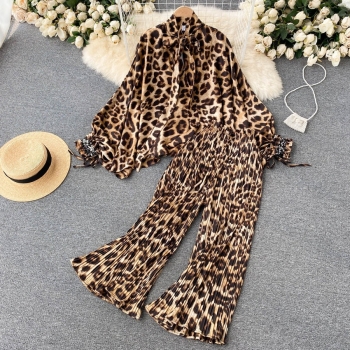 autumn new stylish leopard printing lace-up long sleeve inelastic high quality casual pants sets