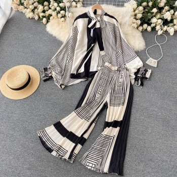 Autumn new stylish contrast color stripe printing lace-up long sleeve inelastic high quality casual pants sets