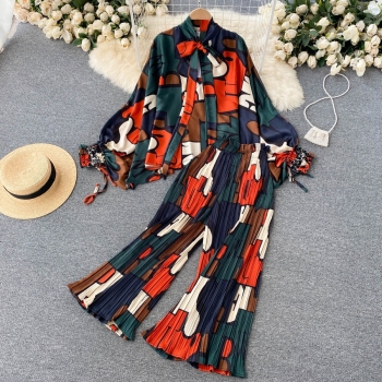 autumn new stylish two colors contrast color geometry printing lace-up long sleeve inelastic high quality casual pants sets