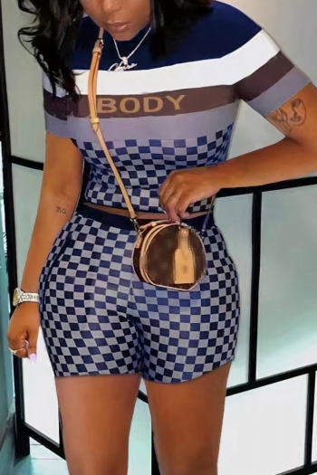 summer new stylish letter fixed printing contrast color lattice stretch slim plus size sexy shorts sets