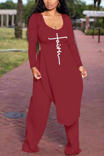 l-4xl plus size autumn new stylish three colors letter printing crew neck long sleeve slit top stretch casual pants sets
