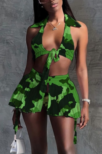 s-4xl plus size summer new camouflage batch printing stretch turndown collar lace up pleated stylish sexy three-piece set