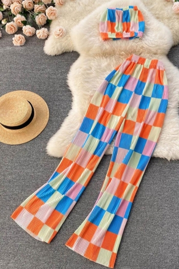 summer new micro elastic plaid printing tube top with high waist straight stylish pants sets
