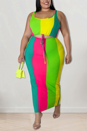 xl-5xl plus size summer new 5 colors stretch contrast color stripe pattern lace-up slim stylish skirt sets