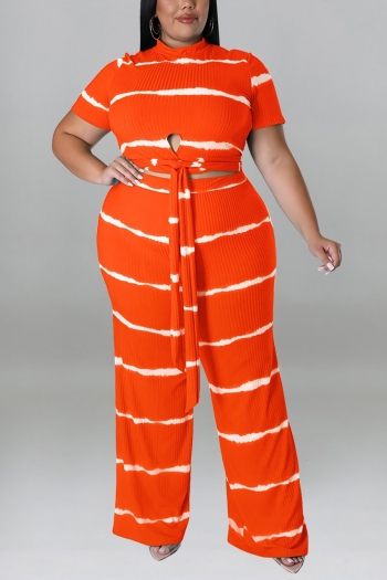 xl-5xl plus size summer new 6 colors stretch stripe printing hollow lace-up stylish pants sets