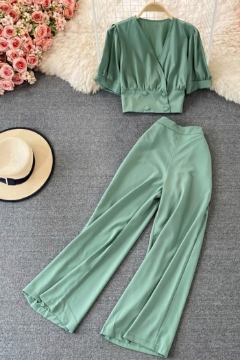 summer new solid color inelastic button v-neck pocket high waist stylish pants sets