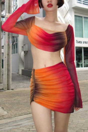 early autumn new gradient color tie dye high stretch square-neck shirring stylish skirt sets
