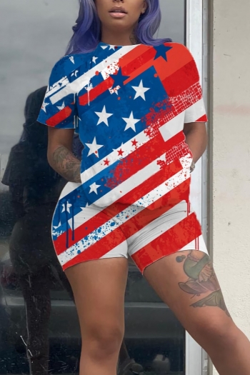 summer new stylish slight stretch plus size american flag printing casual shorts sets