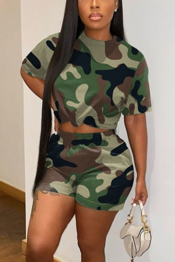 summer new stylish 4-colors camo printing slight stretch loose plus size casual shorts sets