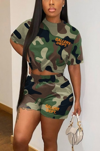 summer new stylish 4-colors letter camo printing slight stretch loose plus size casual shorts sets