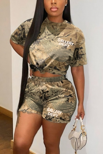 summer new stylish letter camo printing slight stretch loose plus size casual shorts sets