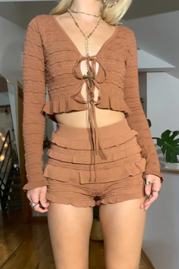 made by girlmerry autumn new pure color slight stretch v-neck long sleeve cutout ruffle lace-up sexy knitted shorts sets