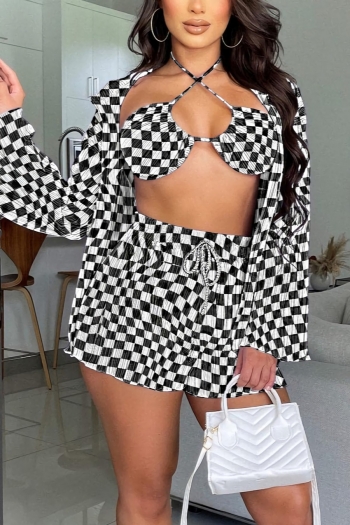 early autumn new stylish plus size slight stretch loose checkerboard printing pleated shorts sets(with underwear)