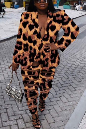 l-3xl plus size autumn new stylish leopard printing suit collar long sleeve button hollow slight stretch high quality sexy pants sets