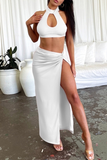 xs-xl summer new solid color slight stretch hollow halter-neck kink design pearl button decor high slit backless stylish sexy skirt set