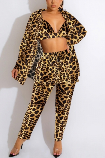 autumn new plus size leopard printing slight stretch crop top & slim pants with turndown collar single breasted outerwear stylish sexy three-piece set