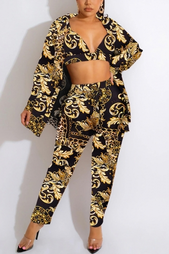 autumn new plus size ethnic pattern batch printing slight stretch crop top & slim pants with turndown collar single breasted outerwear stylish sexy three-piece set