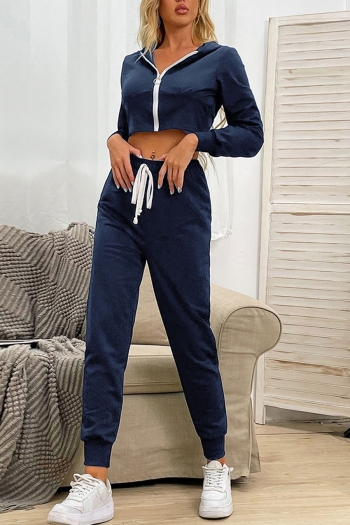 autumn & winter new 3 colors long sleeve slight stretch hooded  zip-up drawstring design stylish classic pants set