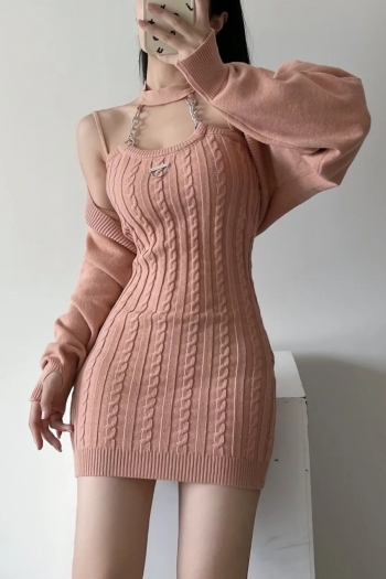 autumn & winter new two colors slight stretch long sleeve shawl with metal chain connected mini dress stylish sexy knitted multi-style two-piece set