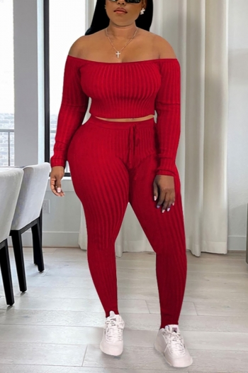 autumn new stylish 5-colors solid color knitted ribbed knit off-shoulder slight stretch plus size casual pants sets