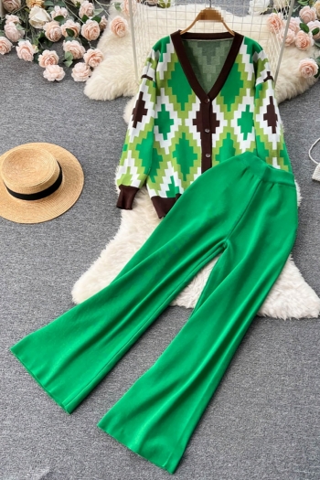 autumn new stylish four colors geometry contrast color button ribbed knit high quality casual pants sets