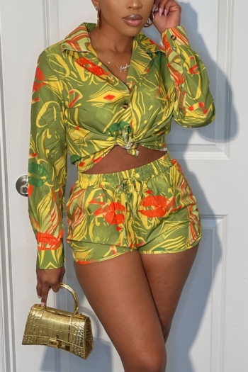 Autumn new plus size contrast color mouth geometric batch printing slight stretch turndown collar button lace up stylish sexy shorts set