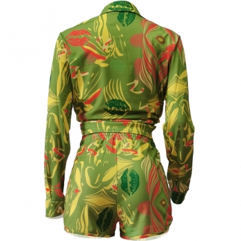 Autumn new plus size contrast color mouth geometric batch printing slight stretch turndown collar button lace up stylish sexy shorts set