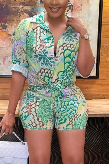 autumn new plus size color block batch printing slight stretch turndown collar button lace up stylish sexy shorts set