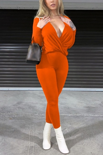 autumn new stylish three colors solid color deep v-neck long sleeve high stretch plus size sexy pants sets