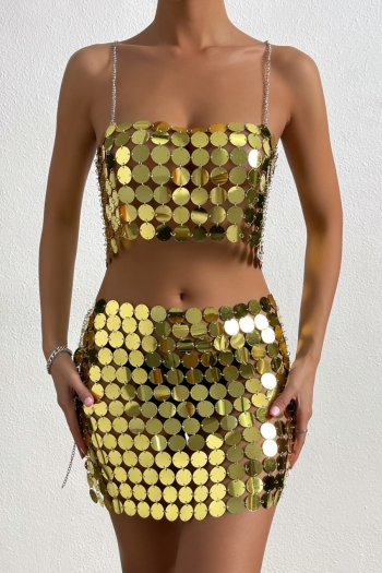 new explosive stylish acrylic sequins sling hollow metal chain high quality sexy skirt sets