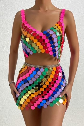 new stylish multicolor acrylic sequin sling metal chain slit hollow high quality sexy mini skirt sets