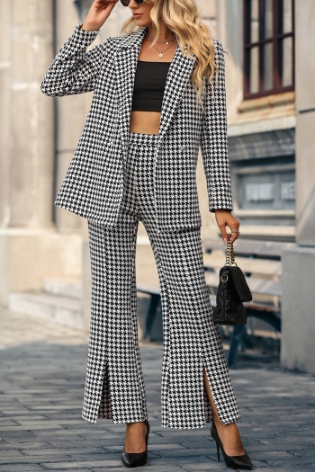 autumn&winter new stylish houndstooth printing non-stretch blazer high waist slit flared pants high quality pants sets