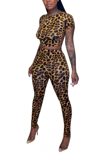 summer new plus size leopard printing slight stretch short sleeve lace up backless slim stylish sexy pants set