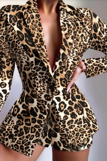 plus size non stretch leopard printing  fake pocket stylish blazer shorts set
