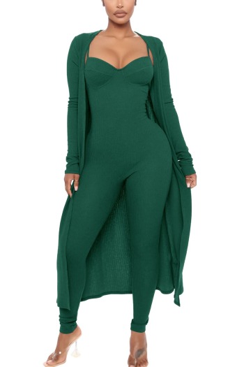 plus size slight stretch ribbed knit solid jumpsuit & cardigan two-piece set