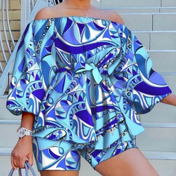 plus size micro elastic belted off-the shoulder batch printing shorts set
