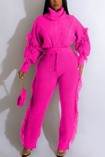 plus size slight stretch knitted tassel drawstring design stylish pants set