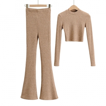 new 3 colors stretch knitted crew neck long sleeve slim stylish flared pants set