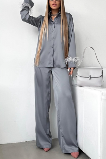 inelastic satin lapel button feather decor long sleeve casual pants sets