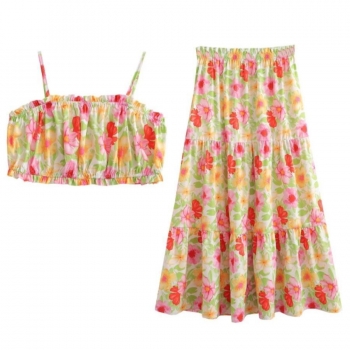 xs-l floral batch printing non-stretch sling high waist stylish skirt set