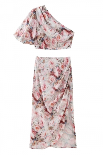 xs-l inelastic floral batch printing one shoulder shirring slit midi skirt sets