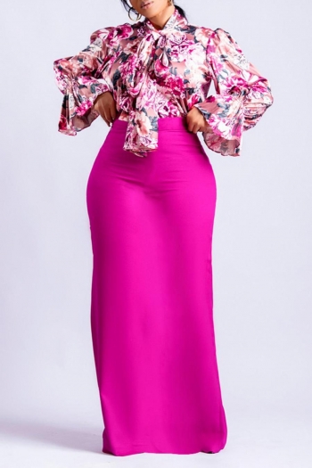 plus size 3 colors stretch floral batch print lace-up slit stylish skirt set