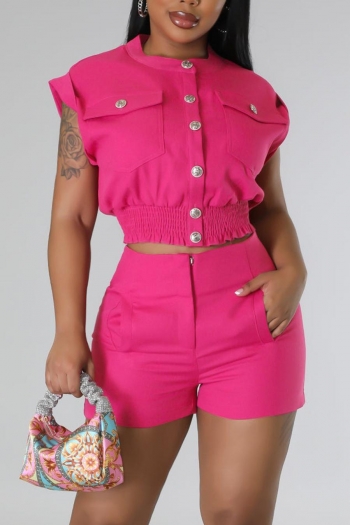 plus size high stretch single breasted smocked simple shorts set