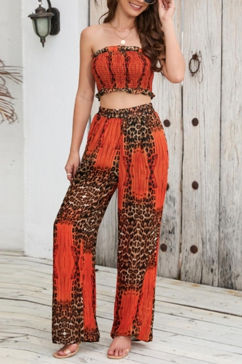 plus size slight stretch leopard batch printing shirring orange sexy pants sets