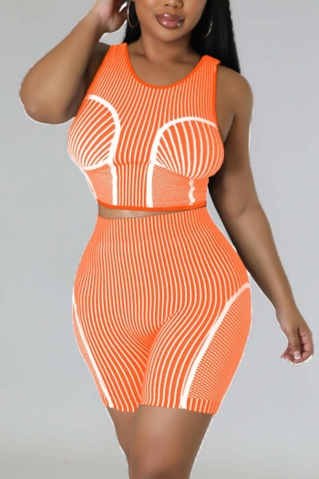 casual plus size slight stretch orange stripe printing sleeveless shorts sets