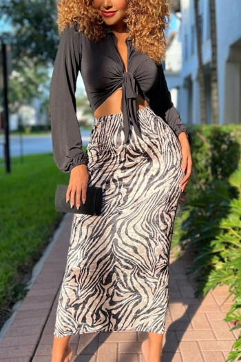 sexy plus size stretch zebra printing lace-up high waist slit skirt set