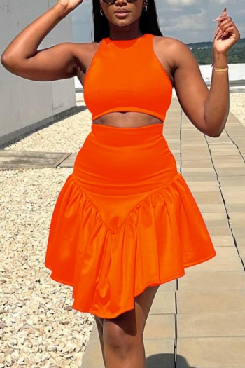 sexy plus size slight stretch solid orange pleated irregular midi skirt sets