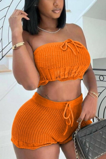 sexy plus size 6 colors slight stretch knitted tube top drawstring shorts sets