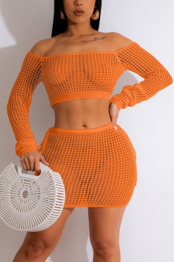 sexy 5 colors high stretch crochet hollow off-the-shoulder slim skirt set