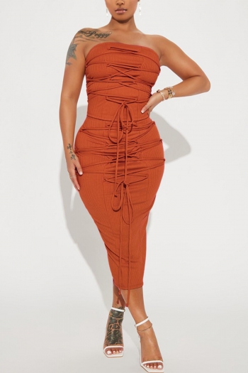 sexy plus size slight stretch solid color strapless lace-up slim midi skirt sets